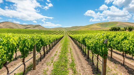 Naklejka premium A scenic view of a vineyard with grapevines stretching over rolling hills, perfect symmetry and clear skies for copy space.