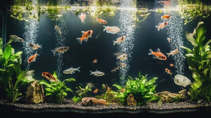 A serene aquarium filled with freshwater fish like mollies and guppies, surrounded by aquatic plants with ample space for copy.