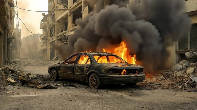 A car fully engulfed in flames on a ruined city street, with the remnants of buildings crumbling and burning in the background, the destruction and chaos of a war torn city	