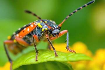 Fototapeta premium A small insect sits on the surface of a green leaf, its body and legs visible in this detailed shot