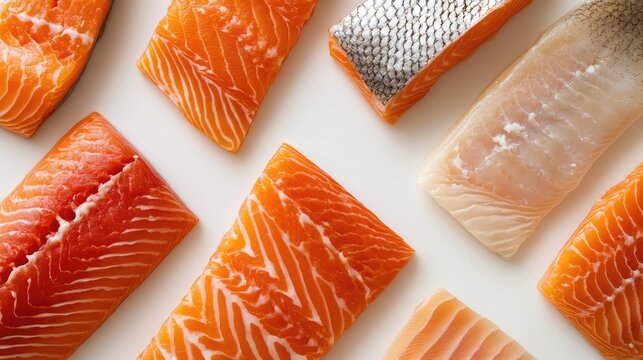 A top-down view of a variety of fresh fish fillets, including salmon, placed on a clean, white surface.