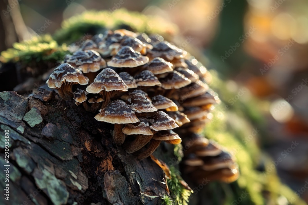 Poster a cluster of fungi growing on a decaying tree trunk