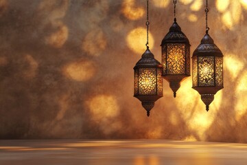 Eid Mubarak and Ramadan Kareem greetings with Islamic lanterns behind the wall background with copy space. Backdrop in light brown and gold colors