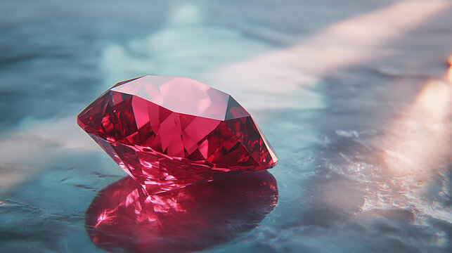 A perfectly cut ruby gemstone resting on a smooth surface