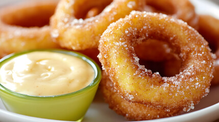 Crispy fried apple rings with a thick cinnamon sugar crust, served with a side of creamy vanilla sauce.