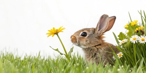 Easter bunny peeking out from behind a wildflower, reveal, watercolor, peek