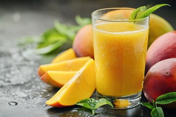 Fototapeta premium Fresh orange juice served in a glass with sliced peaches as garnish, perfect for breakfast or brunch