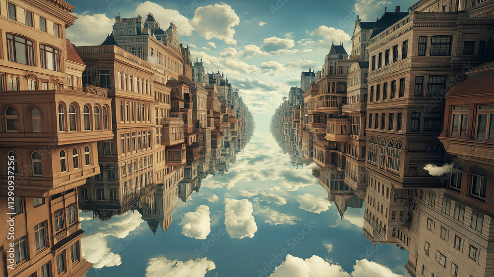 Poster a surreal cityscape where gravity is reversed