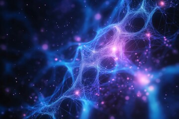 Naklejka premium A futuristic image of a neural network with glowing electric blue and purple connections, seamlessly merging into a dark, minimalistic background.