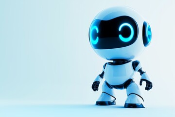 A small friendly robot with a round head and expressive digital eyes on a pastel light blue background with copy space.