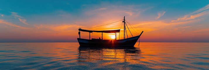 Silhouette of a boat at sunset on calm ocean water.