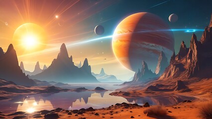 Alien desert landscape with giant planets and bright sun reflecting on lake