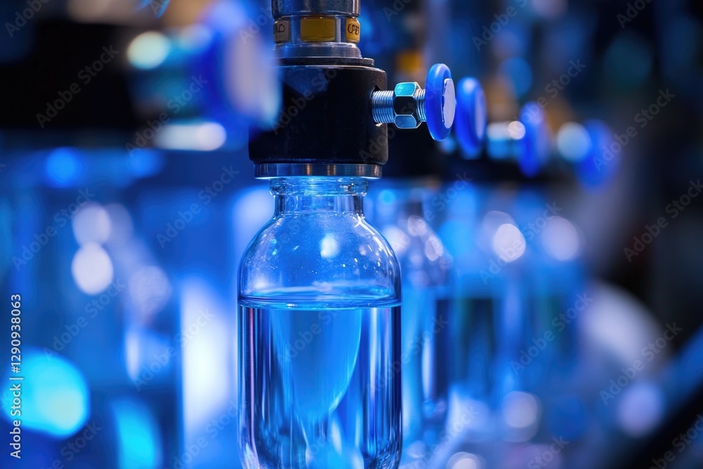 Poster a close-up view of a bottle of water being transported on a conveyor belt