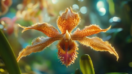 Macro photograph of the monkey face orchid, revealing its intricate, lifelike details framed by a lush greenhouse bokeh.