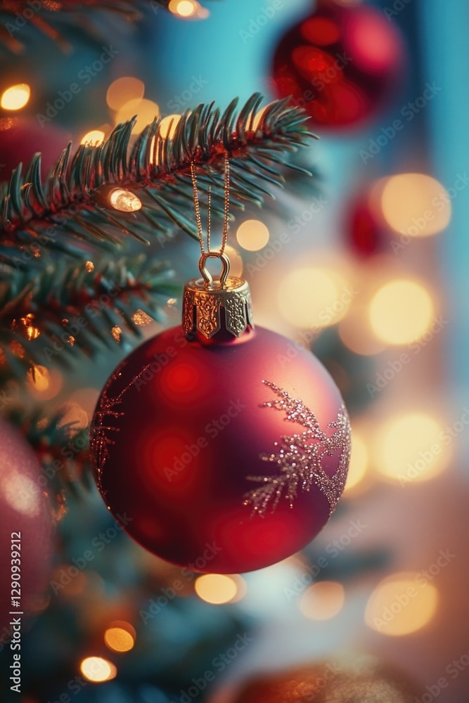 Poster a red ornament hangs from the branches of a christmas tree