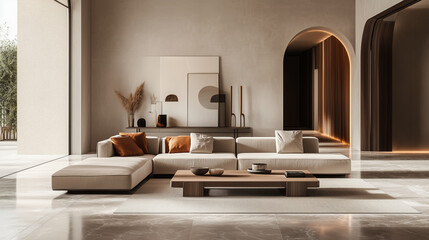 Italian minimalist-style indoor living room with a warm coffee color palette. Use large areas of soft latte-colored walls paired with smooth beige marble flooring. In the center, place a low-profile 