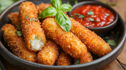 Crispy mozzarella sticks with gooey cheese, served with tangy tomato sauce and topped with fresh basil leaves for extra flavor.