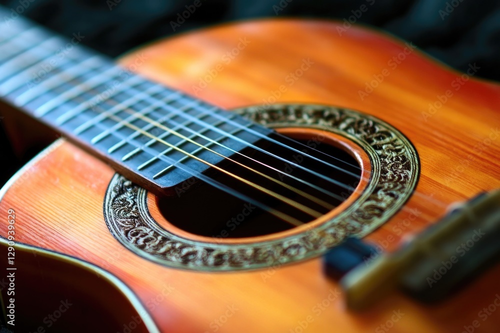 Poster a close-up view of an acoustic guitar with strings, perfect for music-related images or artistic com