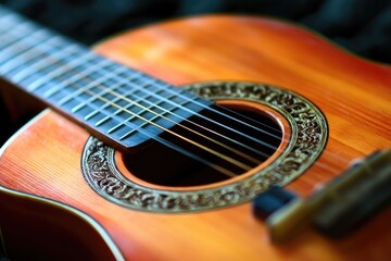 Fototapeta premium A close-up view of an acoustic guitar with strings, perfect for music-related images or artistic compositions