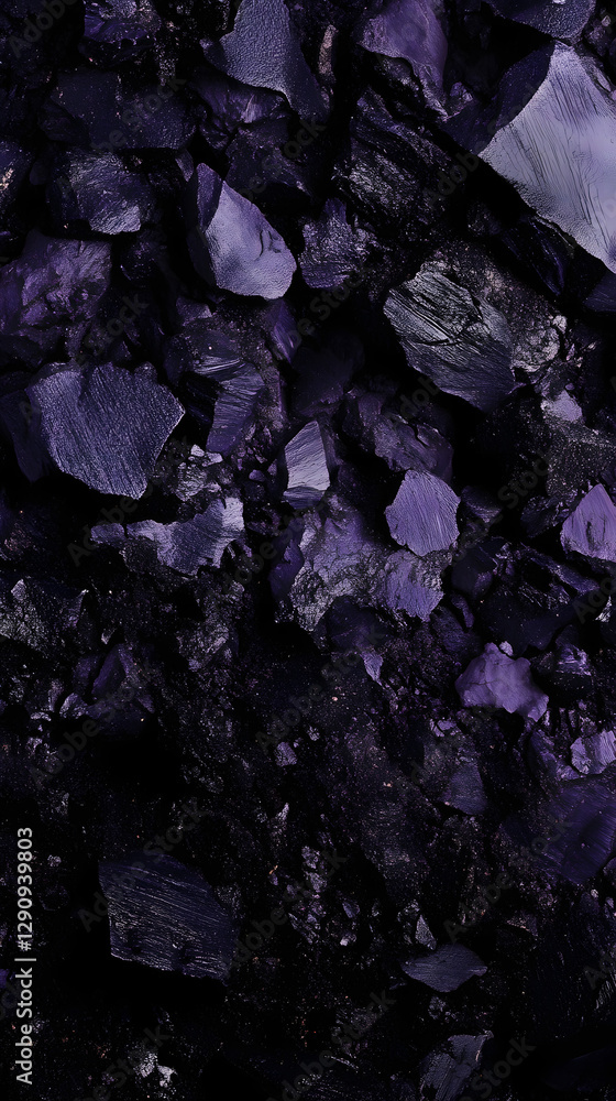 Poster the image features a close-up view of a collection of dark purple rocks and minerals.