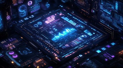 Futuristic Digital Interface with Data Visualizations, A futuristic digital interface with glowing blue and pink elements