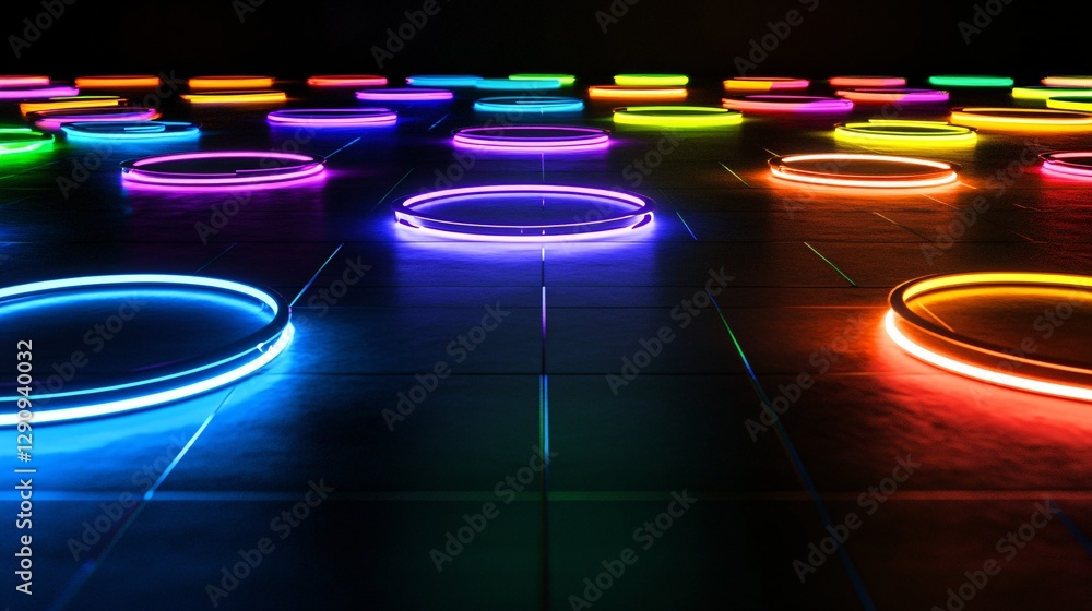Poster a dynamic background with neon light circles and reflections on a black surface