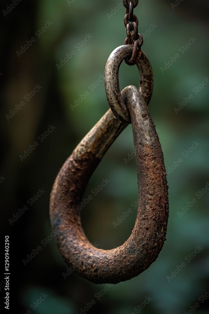 Poster close-up of a metal hook attached to a chain, suitable for use in industrial or mechanical contexts