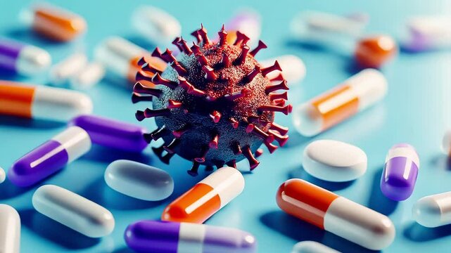 A dangerous virus with a spiky, spherical shape, surrounded by various pills and capsules medication. Health care concept	