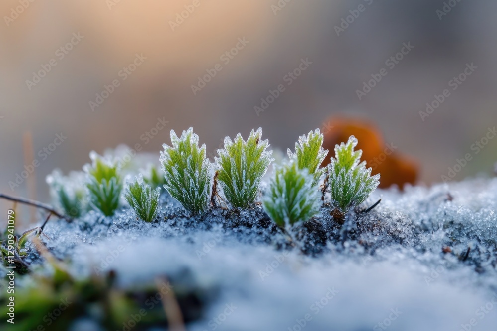 Poster A close-up shot of a plant covered in snow