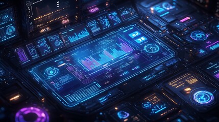 Futuristic Digital Interface with Data Visualizations, A futuristic digital interface with glowing blue and pink elements
