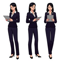 Professional Businesswoman Illustration with Tablet Collection Featuring Three Poses in Business Attire