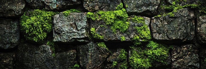 3d background minimalistic mockup with space for text, vibrant green moss covering ancient stone ruins