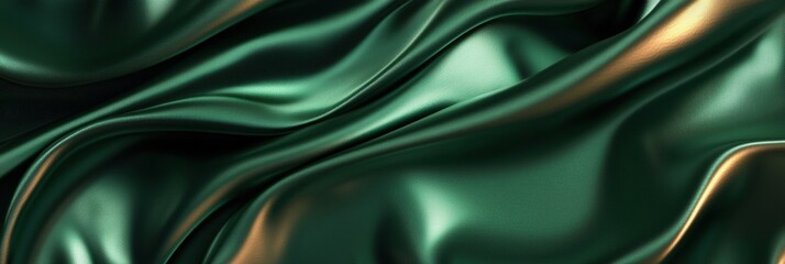 Obraz premium 3d background minimalistic mockup with space for text, luxurious green satin fabric with folds and golden highlights