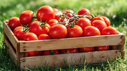 A wooden crate filled with freshly harvested organic tomatoes resting on grass, rustic farming background with space for text.