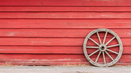 Obraz premium A wooden cartwheel leaning against a red barn wall, rustic vintage tool with a clear background for agricultural copy space.