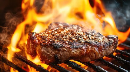Beef steak cooked to perfection on a barbecue grill, with flames and smoke, offering ample space for text.