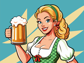 Girl waitress carries beer glass. Oktoberfest celebration. Vector illustration in pop art