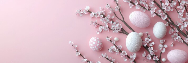 3d background minimalistic mockup with space for text, delicate floral patterns and Easter elements on soft pink background