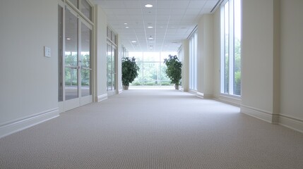 Fototapeta premium Empty office hallway with plants, view of outdoors. Possible use Stock photo for office spaces, commercial real estate, or design inspiration