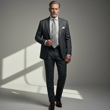 Stylish Businessman in Gray Suit and Tie Posing Confidently in Studio Photograph with Natural Lighting