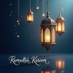 A beautifully designed 'Ramadan Kareem' greeting card featuring elegant hanging lanterns