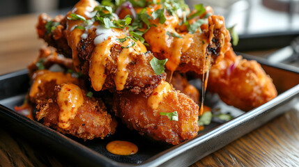 Fototapeta premium Fried mozzarella sticks served with a bold chili sauce that adds a fiery touch to the savory cheesy goodness.