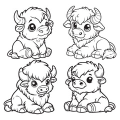 Detailed Cute Bison Cartoon Vector Silhouettes in Sitting Pose