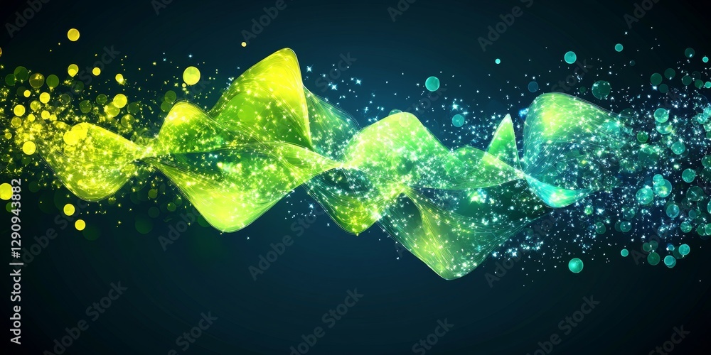 Poster emerald and cyan fluid light wave. vibrant abstract background, particles, bokeh effect.