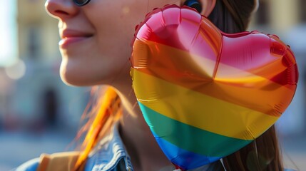 A woman is holding a rainbow heart-shaped balloon.