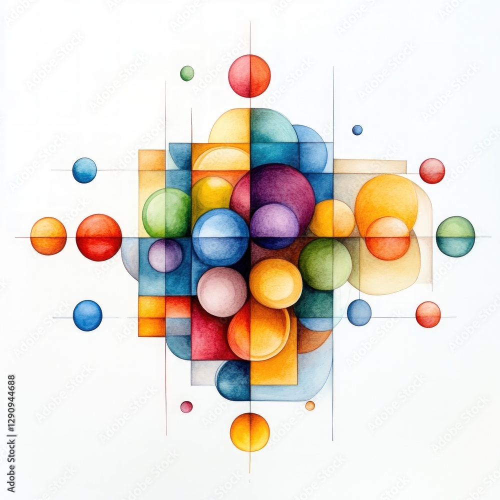 Poster colorful geometric composition with circles and shapes on white background