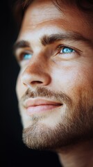 Obraz premium close portrait of a man in his late twenties, he has got beautiful blue eyes, brown wavy hair and a short beard or stubble