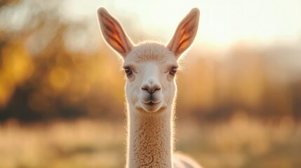 Obraz premium Close-Up Portrait of a Curious Llama in Soft Sunset Light
