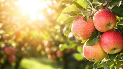 Obraz premium Close-up of organic apples hanging from a tree branch, sunlit orchard background with clear space for farming copy.