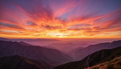 Naklejka premium Vibrant sunset illuminating mountain valley panorama, natural beauty